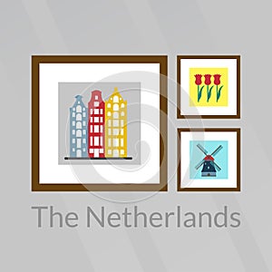 The Netherlands, Holland and Amsterdam pictures: old buildings, tulips and windmill. Vector illustration.